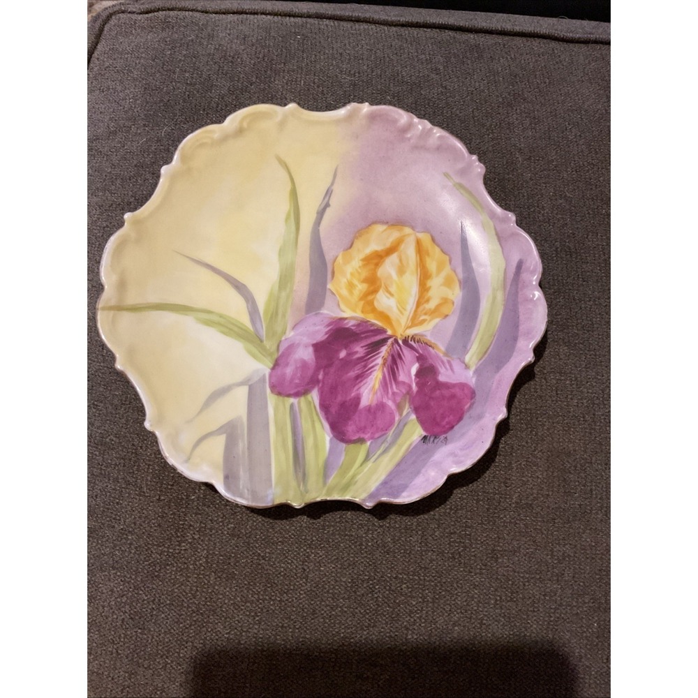 Antique Limoges France Hand‎ Painted Iris Plate Signed Marie Scalloped 8.5"